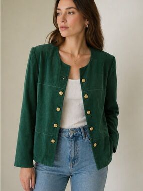 VINTAGE Leslie Fay Emerald Green Button-Front Blazer with Gold Buttons